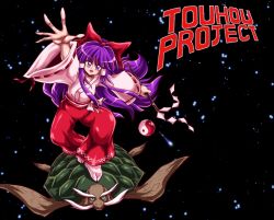 1boy 1girl absurdres artist_request ascot bow fantastic_four full_body genjii_(touhou) gohei hair_bow hair_tubes hakama hakurei_reimu hakurei_reimu_(pc-98) highres japanese_clothes kimono long_hair marvel miko orb parody purple_eyes purple_hair red_hakama silver_surfer space star_(sky) tabi touhou touhou_(pc-98) turtle white_kimono wide_sleeves yin_yang yin_yang_orb