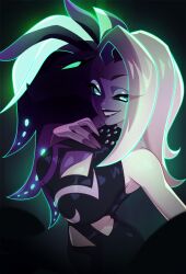 1girl bluetriangles conjoined crop_top demon_girl glowing glowing_eye green_hair grin helluva_boss leviathan_(helluva_boss) long_hair looking_at_viewer purple_hair smile white_hair