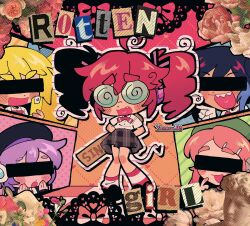 1girl 2boys 3girls ahoge character_request coke-bottle_glasses confessions_of_a_rotten_girl_(vocaloid) drill_hair glasses green_hair hair_ornament highres kasane_teto kasane_teto_(utau) long_hair momone_momo multiple_boys multiple_girls open_mouth red_hair school_uniform shirt skirt smile twin_drills twintails utane_uta utau very_long_hair white_shirt yanana_ua yokune_ruko