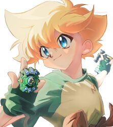 1boy bakuten_shoot_beyblade beyblade beyblade_(object) blonde_hair blue_eyes clothes_around_waist gloves green_gloves green_shirt highres holding jacket jacket_around_waist medium_hair mizuhara_max partially_fingerless_gloves shirt short_sleeves simple_background smile tkoknmy0321 upper_body white_background