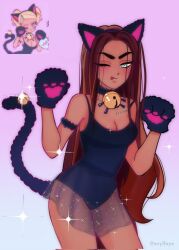 1girl ;p alien_stage animal_ears animal_hands armlet artist_name bell black_choker black_leotard breasts brown_hair cat_ears cat_tail chest_tattoo choker cleavage commentary corrupted_twitter_file cosplay cowboy_shot dark-skinned_female dark_skin evylfaye fake_animal_ears fake_tail gloves grey_eyes gyaruko_(vivinos) gyaruko_(vivinos)_(cosplay) hashtag-only_commentary highres hyuna_(alien_stage) jewelry leotard long_hair neck_bell one_eye_closed paw_gloves pink_background pink_bitch_club reference_inset solo tail tail_bell tail_ornament tattoo tongue tongue_out very_long_hair