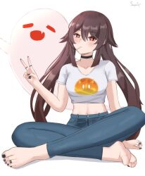 1girl alternate_costume artist_name barefoot black_choker black_nails blue_pants blush breasts brown_hair choker collarbone feet full_body genshin_impact hand_up highres holding hu_tao_(genshin_impact) jewelry long_hair looking_at_viewer midriff mouth_hold nail_polish navel pants red_eyes senpaisif shirt short_hair sidelocks signature simple_background sitting small_breasts soles symbol-shaped_pupils toe_ring toenail_polish toenails toes twintails v very_long_hair white_background white_shirt