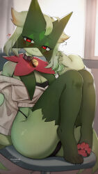 1girl :3 animal_collar animal_feet animal_nose arm_at_side artist_name backlighting bare_shoulders barefoot bell black_panties black_shirt blush body_fur breasts bright_pupils cat_girl chair claws cleavage closed_mouth collar crop_top cropped_sweater dated fang feet female_focus full_body furry furry_female green_fur green_hair half-closed_eyes hand_up happy heart highleg highleg_panties indoors jingle_bell knees_up legs legs_together looking_at_viewer mature_female mbct01 medium_breasts meowscarada musical_note neck_bell nintendo no_pants off-shoulder_sweater off_shoulder office_chair on_chair panties pawpads playing_with_own_hair pokemon pokemon_(creature) red_eyes shirt short_hair signature skin_fang sleeveless sleeveless_shirt smile solo spoken_musical_note sweater swivel_chair thighs toes toes_up twirling_hair twitter_username two-tone_fur underwear white_pupils white_sweater window