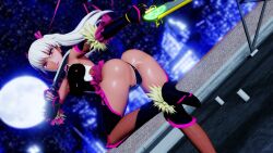 1girl 3d artist_request ass ass_focus bare_shoulders black_leotard blonde_hair blush boots breasts cameltoe city cosplay curvy dark_skin fingerless_gloves gloves gun hair_ribbon highleg highleg_leotard highres holding holding_gun holding_weapon huge_ass jumping kangoku_senkan kangoku_senkan_3 kila_kushan large_breasts legs_apart leotard light_smile lips long_hair looking_at_viewer looking_back mizuki_yukikaze mizuki_yukikaze_(cosplay) neon_lights night night_sky open_mouth partially_visible_vulva revealing_clothes ribbon shiny_clothes shiny_skin skirt sky spread_legs taimanin_(series) taimanin_rpgx taimanin_suit taimanin_yukikaze thigh_boots thong_leotard twintails weapon wide_hips