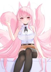 1girl absurdres animal_ear_fluff animal_ears bare_shoulders belt belt_buckle black_belt black_choker black_thighhighs breasts brown_skirt buckle choker collared_shirt fox_ears fox_girl fox_tail highres large_breasts long_hair looking_at_viewer original pink_hair shirt sitting skirt sleeveless sleeveless_shirt solo tail thighhighs very_long_hair white_background white_shirt wlswlp