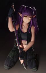1girl absurdres bare_shoulders belt black_background black_gloves black_pants black_shirt black_vest blunt_bangs breasts cleavage closed_mouth collarbone commentary commission crop_top english_commentary fingerless_gloves fishnets full_body gloves grey_belt highres holding holding_sword holding_weapon horns long_hair looking_at_viewer midriff numanoan open_clothes open_vest original pants pointy_ears purple_hair purple_horns shirt sidelocks sitting small_breasts solo sword twintails vest wariza weapon yellow_eyes