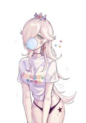1girl black_panties blonde_hair blue_eyes chewing_gum choker crown earrings jewelry mario_(series) mini_crown mossjelly nintendo panties rosalina shirt solo star_(symbol) star_earrings underwear white_shirt