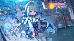 1girl :o blue_hair blush breasts bright_pupils building cape clothing_cutout cloud dress fire first_stage_production full_moon grey_thighhighs hair_intakes hat heart heart_cutout highres holding holding_staff huwari_(dnwls3010) kozumi_arisa moon official_art open_mouth pink_eyes plant shadow shoes solo staff thighhighs virtual_youtuber white_cape white_hat white_pupils