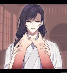 2boys black_hair hair_over_shoulder half-closed_eyes hands_on_another&#039;s_neck highres holding_another&#039;s_wrists indoors japanese_clothes kimono long_hair looking_at_viewer low_ponytail mole mole_under_eye multiple_boys original ponytail solo_focus trap white_kimono yunikuso