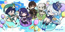 2boys 3girls absurdres balloon black_gloves black_thighhighs blue_eyes blue_hair blue_sky blunt_bangs bow bowtie braid braided_bangs brown_hair capelet cherry_blossoms chibi chinese_clothes chinese_commentary closed_eyes closed_mouth cloud cloudy_sky confetti cookie cup falling_petals floating food frilled_sleeves frills furina_(genshin_impact) genshin_impact gloves green_eyes green_hair hair_between_eyes hair_ornament hair_ribbon harp hat highres holding holding_cup holding_instrument holding_plate instrument japanese_clothes knee_up knees_together_feet_apart knees_up light_smile long_hair long_sleeves looking_at_viewer mole mole_under_eye multicolored_hair multiple_boys multiple_girls music musical_note nahida_(genshin_impact) neck_ribbon off_shoulder official_art open_mouth outdoors petals plate playing_instrument purple_eyes purple_hair raiden_shogun ribbon shooting_star short_hair single_braid sitting sky slime_(genshin_impact) spoken_musical_note star_(sky) teacup thighhighs venti_(genshin_impact) white_hair zhongli_(genshin_impact)