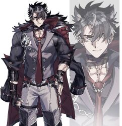1boy bandaged_arm bandaged_neck bandages black_boots black_coat black_gloves black_hair black_shirt blue_eyes boots buttons chain clenched_hand closed_mouth coat coat_on_shoulders collared_shirt commentary_request cowboy_shot domo_(domo_kizusuki) ear_piercing earrings facial_scar fingerless_gloves fur-trimmed_coat fur_trim genshin_impact gloves grey_hair grey_pants grey_vest hair_between_eyes hand_on_own_hip highres jewelry lapels looking_at_viewer male_focus multicolored_hair necktie pants parted_bangs piercing red_necktie scar scar_on_arm scar_on_cheek scar_on_face scar_on_neck shirt short_hair short_sleeves simple_background smile smirk solo standing streaked_hair stud_earrings thigh_boots thigh_strap two-sided_coat two-sided_fabric v-shaped_eyebrows vest white_background wriothesley_(genshin_impact) zoom_layer