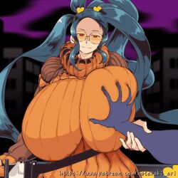 1boy 1girl :o animated animated_gif blush breasts breasts_out closed_eyes clothes_grab grabbing_another&#039;s_breast grabbing_from_behind green_hair groping hataraki_ari horns huge_breasts long_hair molestation open_clothes open_mouth original smile sunglasses