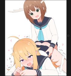 Rule 34 | 1futa, 1girl, ahoge, all fours, ascot, blonde hair, blue ascot, blue sailor collar, blush, brown hair, deer girl, doggystyle, futa with female, futanari, green eyes, implied futanari, koshi torako, kunugi miyaco, long hair, long sleeves, open mouth, panties, panties around leg, pleated skirt, purple eyes, sailor collar, school uniform, serafuku, sex, sex from behind, shikanoko noko, shikanoko nokonoko koshitantan, short hair, simple background, skirt, smile, tearing up, top-down bottom-up, underwear, white background