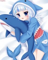 Rule 34 | 1girl, absurdres, animal hood, artist name, blue eyes, blue hoodie, blue streaks, commentary, english commentary, fins, fish tail, gawr gura, gawr gura (1st costume), highres, holding, holding stuffed toy, hololive, hololive english, hood, hood up, hoodie, ikea shark, kigidere, long sleeves, looking at another, lying, on bed, open mouth, protected link, shark hood, shark tail, sharp teeth, solo, stuffed animal, stuffed shark, stuffed toy, tail, teeth, virtual youtuber, white hair