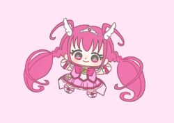 Rule 34 | 1girl, absurdly long hair, boots, bow, bowtie, brooch, chibi, closed mouth, coattails, commentary, cure happy, dot nose, earrings, eyelashes, frilled skirt, frilled sleeves, frills, hair ornament, happy, hoshizora miyuki, ichigo usuhana, jewelry, knee boots, light blush, long hair, looking at viewer, low twintails, magical girl, mini tiara, miniskirt, outstretched arms, pink background, pink bow, pink bowtie, pink eyes, pink hair, pink shirt, pink skirt, pink theme, pleated skirt, precure, shirt, short sleeves, simple background, skirt, skirt set, smile, smile precure!, solo, tareme, tiara, twintails, very long hair, white arm warmers, white boots, white sleeves, wing earrings, wing hair ornament
