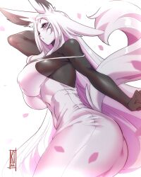1girl :o absurdres animal_ears arm_behind_head artist_name ass black_bodysuit bodysuit breasts cowboy_shot dress dyarikku_(vtuber) facial_mark fox_ears fox_girl hair_over_one_eye highres indie_virtual_youtuber large_breasts long_hair nisego one_eye_closed purple_background purple_eyes see-through_silhouette sideboob simple_background skin_tight solo standing tail tight_clothes very_long_hair virtual_youtuber vyugen x x_facial_mark