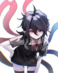 1girl 4rdilla absurdres asymmetrical_wings black_dress black_hair black_thighhighs blue_wings bow bowtie closed_mouth commentary cowboy_shot dress hair_between_eyes hand_on_own_hip highres houjuu_nue long_bangs looking_at_viewer messy_hair pointy_ears red_bow red_bowtie red_eyes red_wings short_dress short_hair short_sleeves simple_background smile solo thighhighs tomoe_(symbol) touhou white_background wings