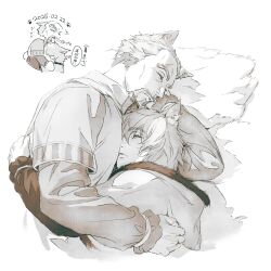 Rule 34 | 2boys, animal ears, arm around back, askeladd, beard, capelet, cat boy, cat ears, closed eyes, cuddling, facial hair, fur-trimmed capelet, fur trim, goatee, hair between eyes, highres, hug, kakuzta, kemonomimi mode, long sleeves, male focus, mature male, multiple boys, short hair, sleeping, thorfinn, upper body, vinland saga, yaoi