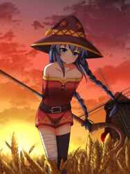 Rule 34 | 1girl, artist request, bandaged leg, bandages, belt, blue eyes, blue hair, blush, braid, breasts, brown belt, closed mouth, cosplay, costume switch, dress, hair between eyes, hat, highres, holding, holding staff, kono subarashii sekai ni shukufuku wo!, long hair, looking at viewer, mage staff, megumin, megumin (cosplay), mushoku tensei, off-shoulder dress, off shoulder, red dress, roxy migurdia, short dress, single thighhigh, small breasts, solo, staff, thighhighs, twin braids, very long hair, witch hat