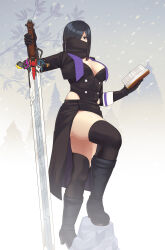 1girl black_hair cloak_covering_mouth formasikurakura highres kanisuka_rita ohsama_sentai_king-ohger purple_eyes snow spellbook super_sentai sword weapon