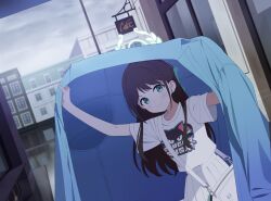 Rule 34 | 1girl, absurdres, airi (band) (blue archive), airi (blue archive), artist request, bag, blue archive, blue jacket, blush, bow, brown hair, collarbone, game cg, green bow, green eyes, green halo, halo, head under another&#039;s clothes, highres, jacket, long hair, looking at viewer, non-web source, official art, outdoors, print shirt, rain, shirt, short sleeves, shoulder bag, skirt, smile, solo, under another&#039;s clothes, white bag, white skirt