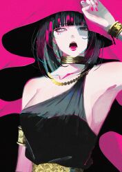 1girl black_dress black_hair bracelet breasts contrast dress heterochromia highres jewelry neck_ring one-shoulder_tunic open_mouth original pink_background solo syakemayusan