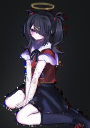 1girl 4_(nn_1_zo) ame-chan_(needy_girl_overdose) between_legs black_background black_eyes black_hair black_skirt distortion frown full_body glitch hair_ornament hair_over_one_eye halo hand_between_legs highres looking_at_viewer multiple_scars neck_ribbon needy_girl_overdose over-kneehighs red_shirt ribbon scar scar_on_arm seiza shirt short_twintails sitting skirt solo suspender_skirt suspenders sweatdrop thighhighs twintails winged_sleeves x_hair_ornament