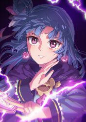 1girl absurdres artist_name between_fingers blue_hair card commentary earrings feather_hair_ornament feathers genjitsu_no_yohane hair_bun hair_ornament heart heart_earrings highres holding jewelry lightning long_sleeves love_live! love_live!_sunshine!! magic purple_background red_eyes sen_yousoro single_hair_bun smile solo tsushima_yoshiko twitter_username yohane_(genjitsu_no_yohane)