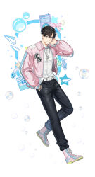 1boy absurdres belt black_hair black_pants blue_eyes cheolsu_(closers) closers collared_shirt dress_shirt full_body hand_in_pocket highres jacket jewelry long_sleeves looking_at_viewer male_focus necklace official_art open_clothes open_jacket pants pink_jacket pink_shoes shirt shoes short_hair smile solo white_shirt