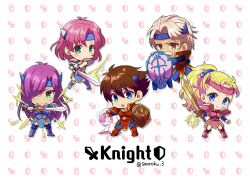 2boys 3girls armor bartz_klauser blonde_hair blue_eyes blue_footwear blue_headband boots brown_eyes brown_hair chibi facial_hair faris_scherwiz final_fantasy final_fantasy_v galuf_halm_baldesion grandfather_and_granddaughter green_eyes hair_bobbles hair_ornament hair_over_one_eye headband holding holding_shield holding_sword holding_weapon knight krile_mayer_baldesion_(ff5) lenna_charlotte_tycoon light_blush long_hair looking_at_viewer motion_lines multiple_boys multiple_girls mustache old old_man open_mouth parted_bangs pink_boots pink_hair ponytail purple_hair red_armor red_footwear sanroku_3 shield short_hair shoulder_armor smile sparkle sword twitter_username weapon white_hair white_mage_(final_fantasy)