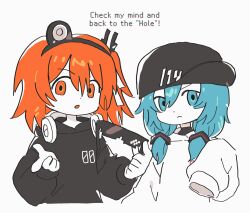 2girls adachi_rei baseball_cap black_hat black_hoodie blue_eyes blue_hair dot_nose english_text frown glasses hair_tubes hairband hat hatsune_miku headphones headphones_around_neck highres holding holding_removed_eyewear hood hoodie kin_utau long_sleeves looking_at_viewer medium_hair multiple_girls one_side_up opaque_glasses open_mouth orange_eyes orange_hair sleeves_past_fingers sleeves_past_wrists sunglasses the_hole_(utau) unworn_eyewear upper_body utau vocaloid white_background white_hoodie