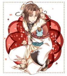 Rule 34 | 2boys, ahoge, brown hair, character request, chibi, full body, haku (utawarerumono), highres, inset border, lalatia-meai, long sleeves, male focus, monkey, multiple boys, open mouth, short hair, simple background, squatting, sweatdrop, translation request, utawarerumono, utawarerumono: itsuwari no kamen, white background
