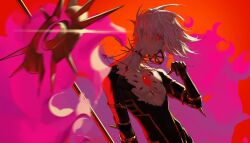 1boy absurdres bishounen brahmastra_(fate/apocrypha) chest_jewel collar fate/grand_order fate_(series) glowing glowing_eye highres indian_clothes jewelry karna_(fate) kavacha_(fate) kundala_(fate) male_focus pale_skin short_hair snacks00 solo spiked_collar spikes weapon white_hair