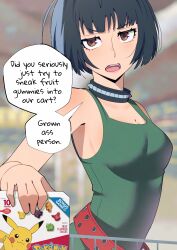 1girl absurdres belt black_hair blurry box breasts brown_eyes choker collar commentary depth_of_field english_commentary english_text gen_1_pokemon gjh highres holding holding_box indoors looking_at_viewer nintendo open_mouth persona persona_5 pikachu pokemon red_belt shirt shopping_cart short_hair sleeveless sleeveless_shirt solo studded_choker studded_collar takemi_tae