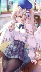 1girl alternate_costume alternate_hairstyle angel_wings black_bow black_bowtie black_pantyhose blonde_hair blue_archive blue_hat bow bowtie breasts candy feathered_wings flower food hair_flower hair_ornament halo hat highres holding holding_candy holding_food holding_lollipop lollipop long_hair long_sleeves medium_breasts nagisa_(blue_archive) natie pantyhose plaid_clothes plaid_skirt ponytail shirt sidelocks skirt solo thighband_pantyhose tongue tongue_out white_shirt white_wings wings yellow_eyes