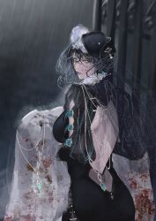 1girl aqua_eyes aqua_gemstone arm_cutout backless_dress backless_outfit black_dress black_hair black_hat blood blood_on_clothes blood_on_face bloody_clothes bloody_dress chlzi156543 collar dress earrings flower frilled_collar frills from_behind glowing glowing_eyes hashtag-only_commentary hat highres hobble_dress holding holding_unworn_clothes holding_unworn_dress jelena_(path_to_nowhere) jewelry juliet_sleeves long_dress long_sleeves looking_at_viewer looking_back necklace parted_lips path_to_nowhere puffy_sleeves rain solo tilted_headwear unworn_dress updo wet white_dress