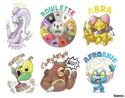 abra afro among_us anger_vein artist_name bear bra broom comb elcajarito english_text eyelashes fangs froakie gen_1_pokemon gen_2_pokemon gen_6_pokemon gen_7_pokemon goodra halo highres nintendo no_humans poke_ball pokemon pokemon_(creature) pun roulette rowlet simple_background skull speech_bubble sweat thumbs_up underwear ursaring weepinbell white_background white_hair