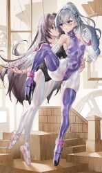 2girls ballet ballet_slippers bare_shoulders black_leotard blush breasts brown_hair collarbone commentary_request covered_erect_nipples covered_navel elbow_gloves ginklaga gloves grey_eyes grey_hair headband herta_(honkai:_star_rail) high_heels honkai:_star_rail honkai_(series) leotard long_hair looking_at_another multiple_girls pantyhose ponytail purple_eyes purple_leotard purple_thighhighs restrained silver_wolf_(honkai:_star_rail) skindentation sleeveless_turtleneck_leotard small_breasts standing standing_on_one_leg suspension sweatdrop thighhighs very_long_hair white_gloves white_pantyhose