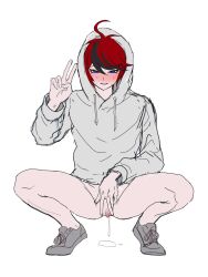 1boy ahoge black_hair blue_eyes blush clitoral_hood clitoris crouching cuntboy drawstring fingernails full_body grey_hoodie grey_shoes hand_up hood hood_up hoodie looking_at_viewer male_focus messy_hair multicolored_hair pussy pussy_juice pussy_juice_drip pussy_juice_puddle red_hair shoes simple_background spread_pussy sumino_takumi sweat sweatdrop the_hundred_line_-last_defense_academy- v white_background