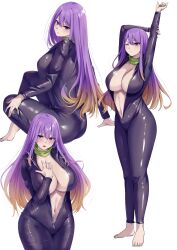 1girl absurdres biker_clothes bikesuit bodysuit breasts commission highres hijiri_byakuren large_breasts looking_at_viewer mirufui navel pixiv_commission purple_eyes purple_hair simple_background smile solo touhou turbo_byakuren white_background