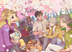 6+boys 6+girls alcohol beer bento blonde_hair blue_eyes blurry brown_hair cherry_blossoms chilchuck_tims chopsticks cithis contemporary depth_of_field dungeon_meshi dwarf elf falin_touden falin_touden_(tallman) fleki food fullertom_(dungeon_meshi) green_eyes halfling highres hood hoodie izutsumi jack_(haist) kabru laios_touden marcille_donato mayjack_(dungeon_meshi) mithrun multiple_boys multiple_girls onigiri otta_(dungeon_meshi) packpatty_(dungeon_meshi) pattadol picnic pointy_ears senshi_(dungeon_meshi) sissel_(dungeon_meshi) white_hair wine