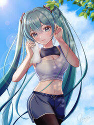 1girl absurdres alternate_costume aqua_eyes aqua_hair aqua_nails blush breasts cleavage cleavage_cutout clothing_cutout crop_top hair_between_eyes hair_ornament hatsune_miku highres holding holding_towel jogging long_hair looking_at_viewer maarin_(59567861) medium_breasts midriff navel open_mouth pants signature sleeveless smile solo stomach sunlight towel track_pants twintails vocaloid