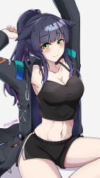 1girl absurdres animal_ears arknights black_camisole black_coat black_hair black_shorts blush breasts camisole cleavage closed_mouth coat collarbone commentary cosplay crop_top doctor_(arknights) doctor_(arknights)_(cosplay) dolphin_shorts english_commentary green_eyes grey_background highres jessica_(arknights) jessica_the_liberated_(arknights) k0ng_(style) long_sleeves looking_at_viewer medium_breasts midriff multicolored_hair navel pink_hair ponytail selverna short_shorts shorts sidelocks simple_background sitting solo split_mouth streaked_hair stretching twitter_username