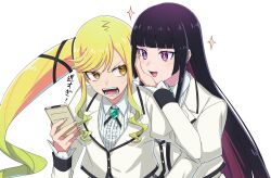 2girls aoki_shizumi black_hair blonde_hair cellphone hand_on_another&#039;s_face highres holding holding_phone hug hug_from_behind kurogane_otoha long_hair multiple_girls open_mouth phone purple_eyes pushing_away rock_wa_lady_no_tashinami_deshite school_uniform simple_background smartphone smile sparkle suzunomiya_lilisa teeth upper_body very_long_hair white_background yellow_background yuri