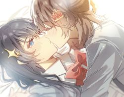2girls aijou_karen bed_sheet black_hair blue_eyes blurry blush bow bowtie brown_hair closed_eyes collared_shirt crown_hair_ornament depth_of_field face-to-face facing_another from_side girl_on_top grey_jacket hair_between_eyes hair_ornament hand_up highres holding_hands jacket kagura_hikari kiss light_particles long_hair long_sleeves looking_at_another lying multiple_girls on_back open_clothes open_jacket parted_lips profile red_bow red_bowtie rococomm123 school_uniform seishou_music_academy_uniform shirt short_hair shoujo_kageki_revue_starlight simple_background sketch sparkle_hair_ornament two_side_up upper_body white_background white_shirt yuri