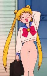 1girl blonde_hair blush bottomless closed_eyes holding long_hair navel open_mouth pussy sailor_moon scratching_head standing suitcase tsukino_usagi twintails