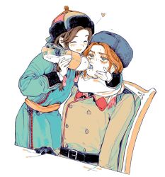 2girls aqua_coat bottle braid brown_hair chair closed_eyes coat colored_eyelashes commentary_request deel drinking feeding fur-trimmed_headwear fur_hat fur_trim green_jacket grey_eyes hand_on_another&#039;s_face hat heart highres jacket long_hair military_uniform mongolia mongolia_(nanimonothing) multiple_girls nanimonothing orange_hair orange_sash original pale_skin russia russia_(nanimonothing) scarf soviet twin_braids white_background white_scarf yuri