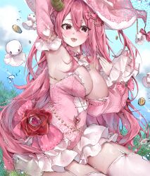 1girl absurdres aizumishina armpits arms_up blush bow breasts dress flower hair_bow hair_ornament hat heart heart_hair_ornament highres horns jewelry large_breasts long_hair open_mouth original pink_bow pink_dress pink_eyes pink_hair pink_hat pink_sleeves red_flower red_nails red_rose rose solo teruterubouzu thighhighs tongue tongue_out very_long_hair white_thighhighs witch_hat