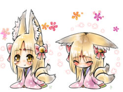 1girl animal_ears bell blonde_hair chibi chibi_only emil_chronicle_online fox_ears fox_girl fox_tail hair_bell hair_ornament hair_ribbon japanese_clothes kimono loki_alma red_ribbon ribbon tail takanashi_hiyori yellow_eyes