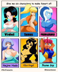 Rule 34 | 6+girls, :3, absurdres, alice angel, angel, angry, aqua dress, arms behind head, arms up, ass, bendy and the ink machine, black dress, black eyes, black hair, black lips, blonde hair, blue dress, blue eyes, blue hair, blue shirt, blue skin, boku no hero academia, breasts, cleavage, clothes pull, collarbone, colored skin, cross, demon horns, detached sleeves, dragon ball, dragonball z, dress, dress pull, ghost, gloves, hado nejire, hair over one eye, hair rings, hair tubes, halo, hand on own hip, hanna-barbera, hat, highres, horns, joy (pokemon), large breasts, long hair, long sleeves, looking at viewer, looking to the side, low twintails, metroid, metroid: zero mission, midriff, mole, mole under eye, multicolored hair, multiple drawing challenge, multiple girls, navel, nintendo, nurse, nurse cap, open mouth, orange shirt, orange shorts, parted lips, phantasma (scooby-doo), pink hair, pokemon, pokemon (anime), pokemon (classic anime), ponytail, red cross, samus aran, scooby-doo, scooby-doo and the ghoul school, shirt, short sleeves, shorts, six fanarts challenge, sleeveless, sleeveless dress, sleeveless shirt, sonson-sensei, tan, tank top, teeth, twintails, two-tone hair, upper body, v, videl, white hair, white hat, white shirt, yellow gloves, yellow skin